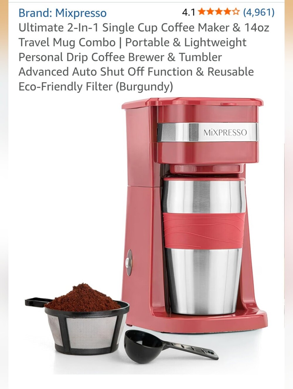 Burgundy Single Cup Coffee Maker with Travel Mug